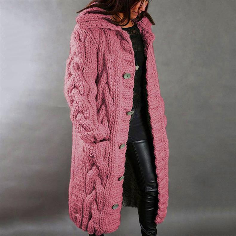 Elegant Long Cardigan for Women Cable-Knit Hooded