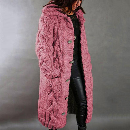 Elegant Long Cardigan for Women Cable-Knit Hooded