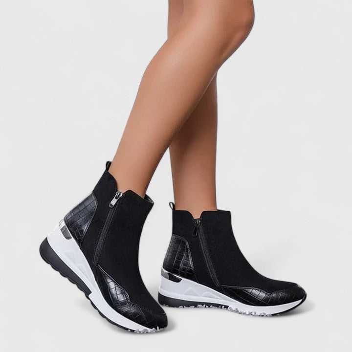 Comfortable Ankle Boots for Women Croc-Embossed Wedge Zip-Up