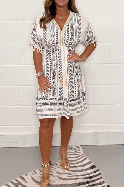 Effortless Printed Mini Dress for Women V-Neck Tassel-Trim