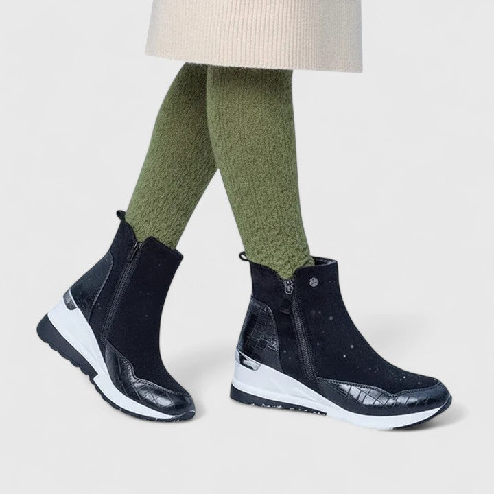 Comfortable Ankle Boots for Women Croc-Embossed Wedge Zip-Up