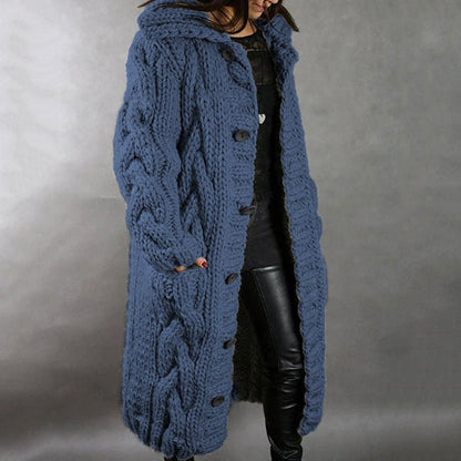 Elegant Long Cardigan for Women Cable-Knit Hooded