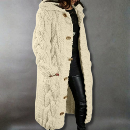Elegant Long Cardigan for Women Cable-Knit Hooded
