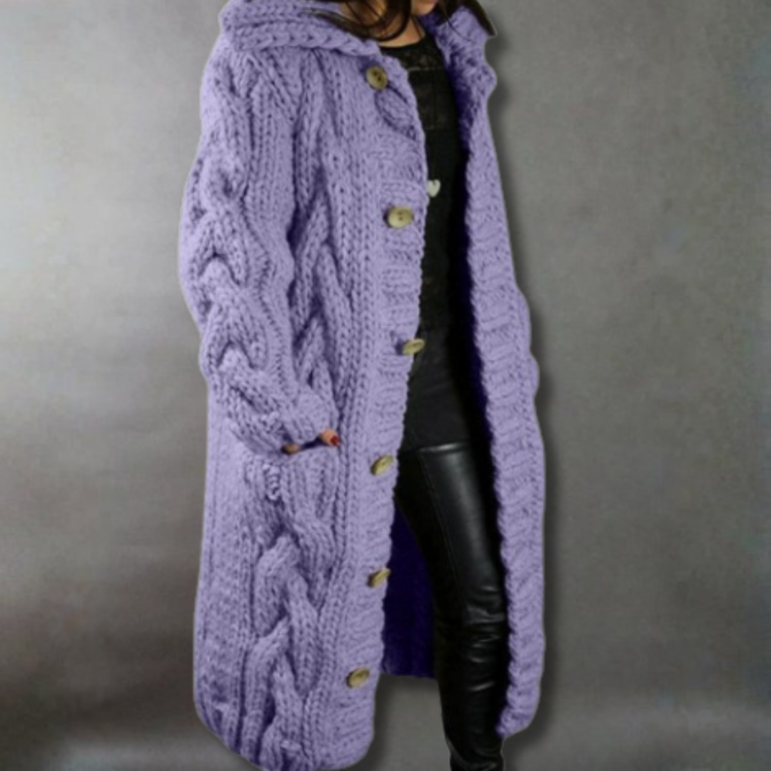 Elegant Long Cardigan for Women Cable-Knit Hooded