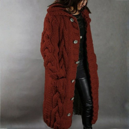 Elegant Long Cardigan for Women Cable-Knit Hooded
