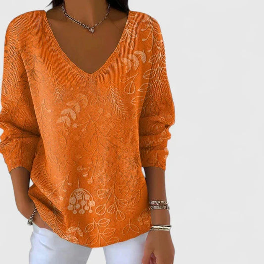 Comfortable Blouse for Women Leaf-Print V-Neck Long-Sleeve