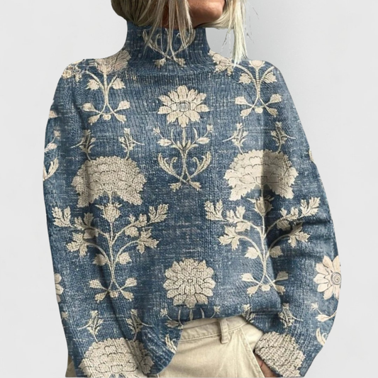 Elegant Turtleneck Sweater for Women Floral-Print Long-Sleeve