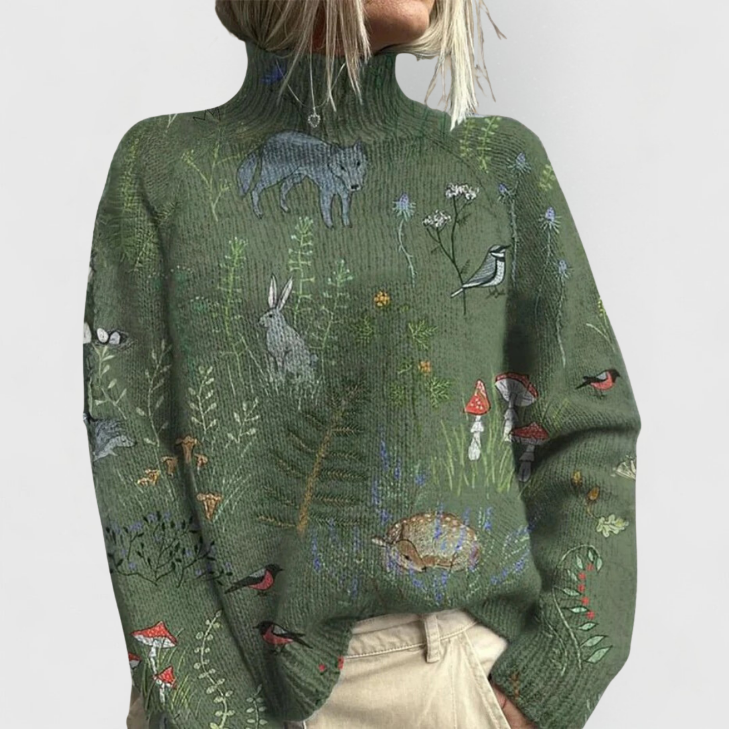 Elegant Turtleneck Sweater for Women Floral-Print Long-Sleeve