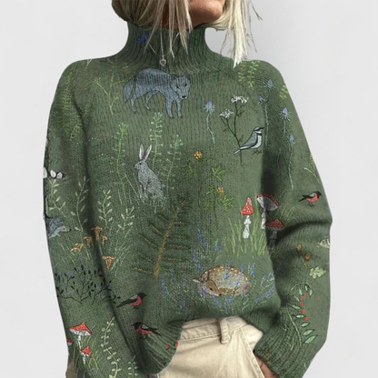 Elegant Turtleneck Sweater for Women Floral-Print Long-Sleeve