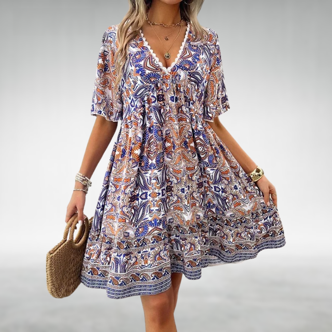 Effortless Printed Mini Dress for Women V-Neck Tiered
