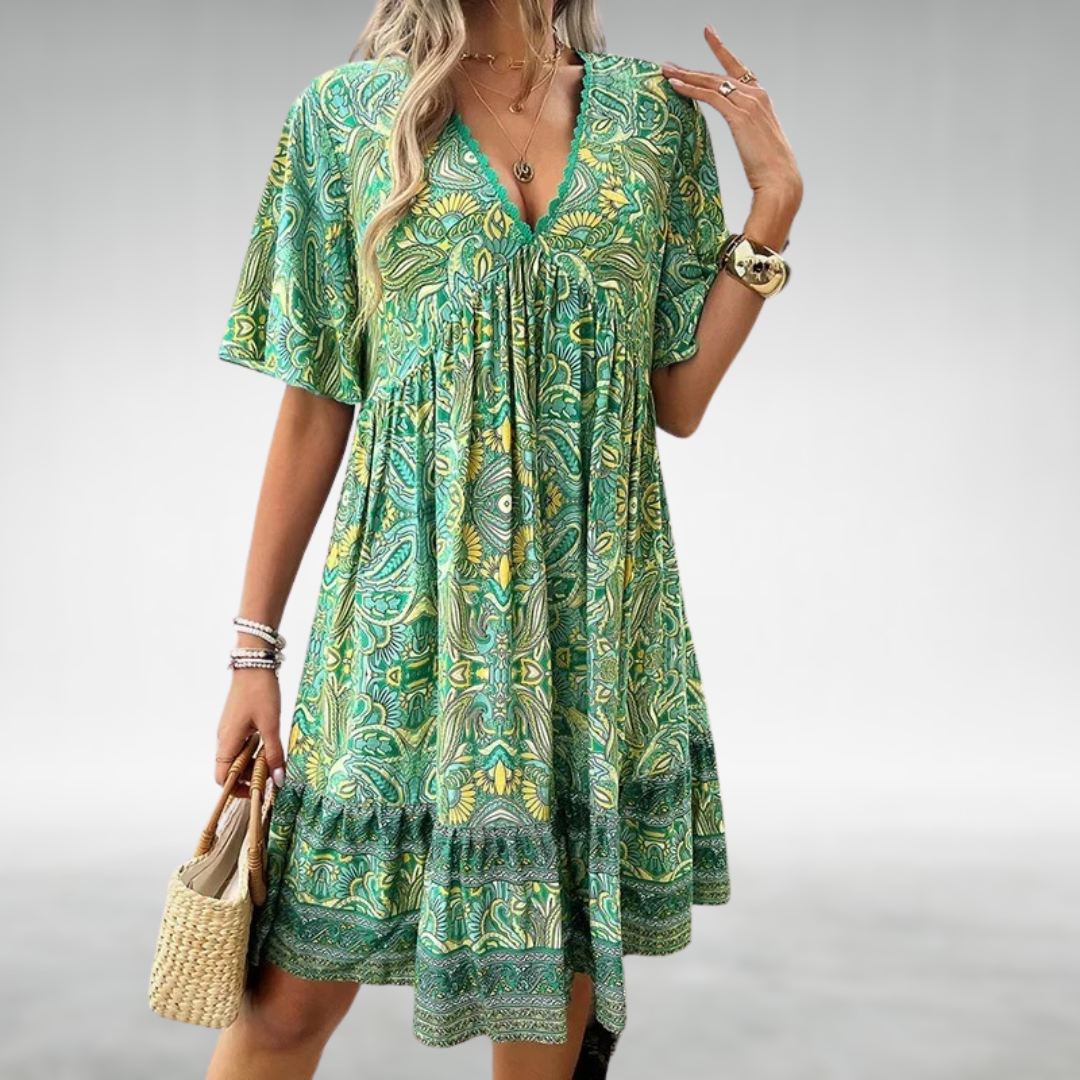 Effortless Printed Mini Dress for Women V-Neck Tiered