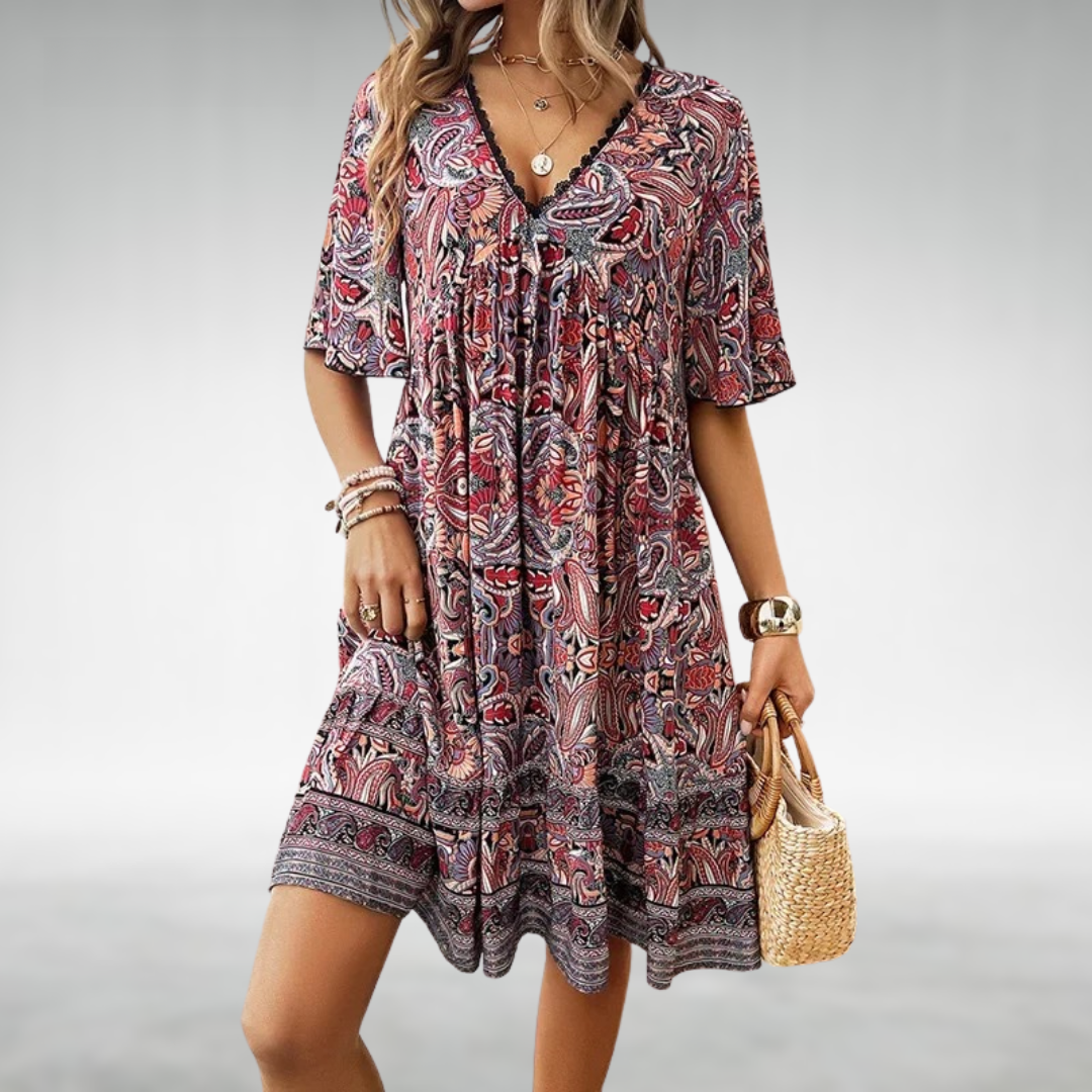Effortless Printed Mini Dress for Women V-Neck Tiered