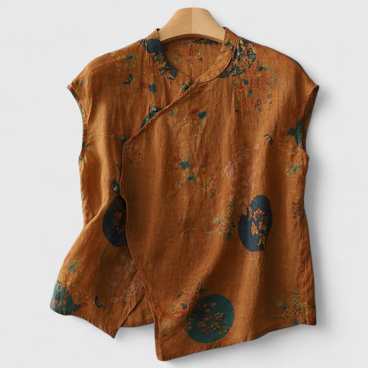 Elegant Blouse for Women Floral-Print Button-Front Short-Sleeve