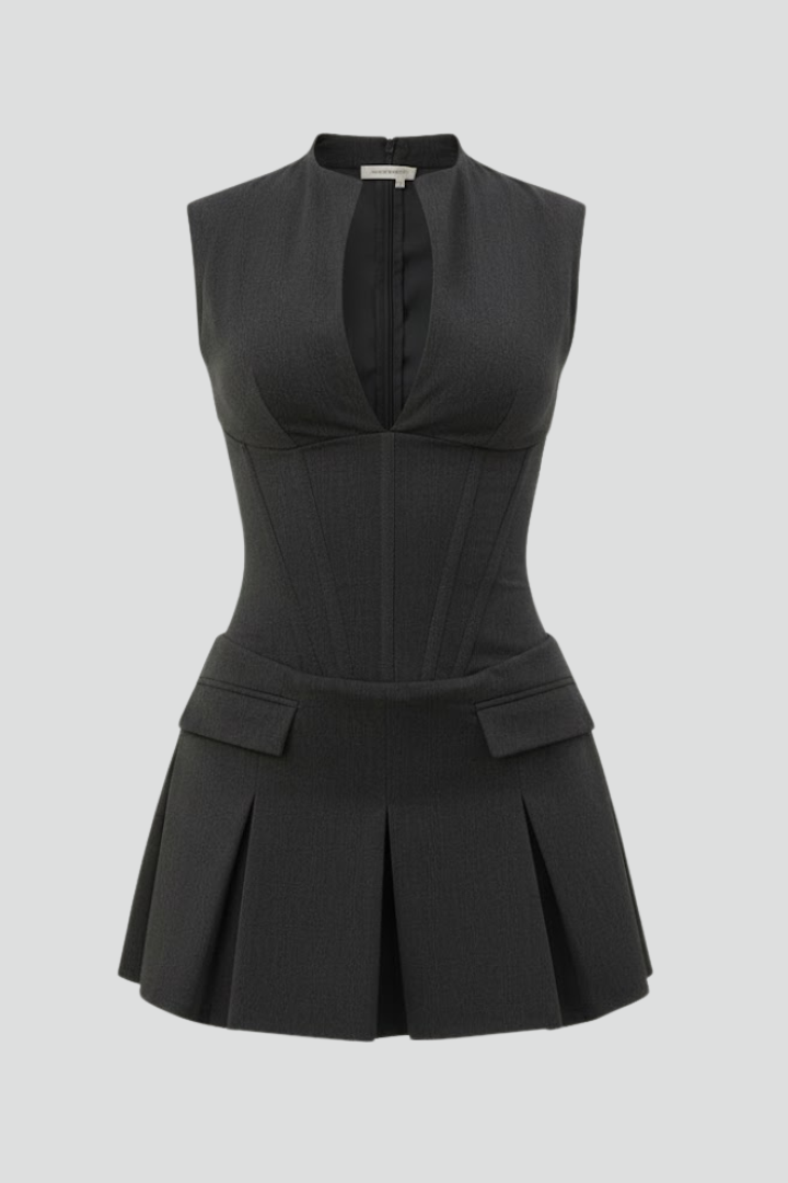 Elegant Mini Dress for Women Plunge-Neck Pleated Sleeveless