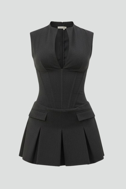 Elegant Mini Dress for Women Plunge-Neck Pleated Sleeveless
