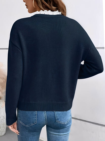 Elegant Sweater for Women Lace-Trim V-Neck Long-Sleeve