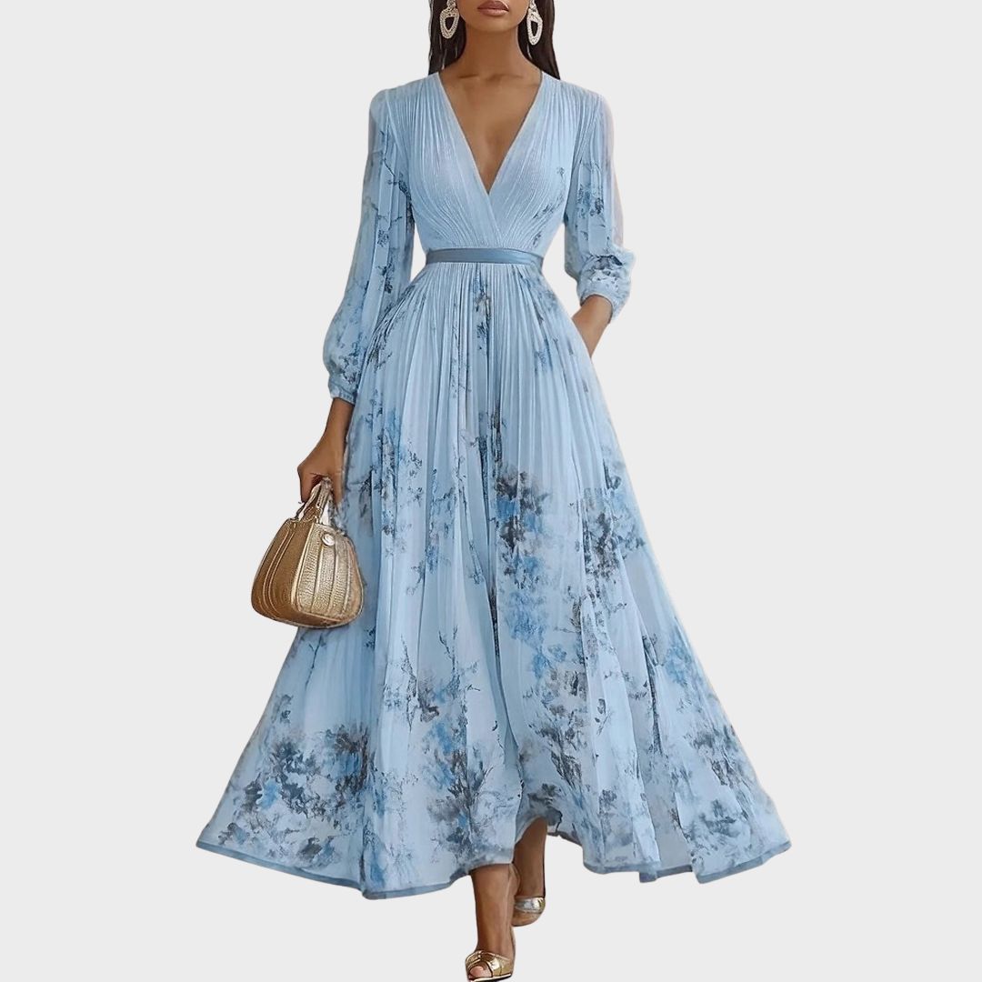 Elegant Pleated Maxi Dress for Women V-Neck Sleeveless Floral-Print