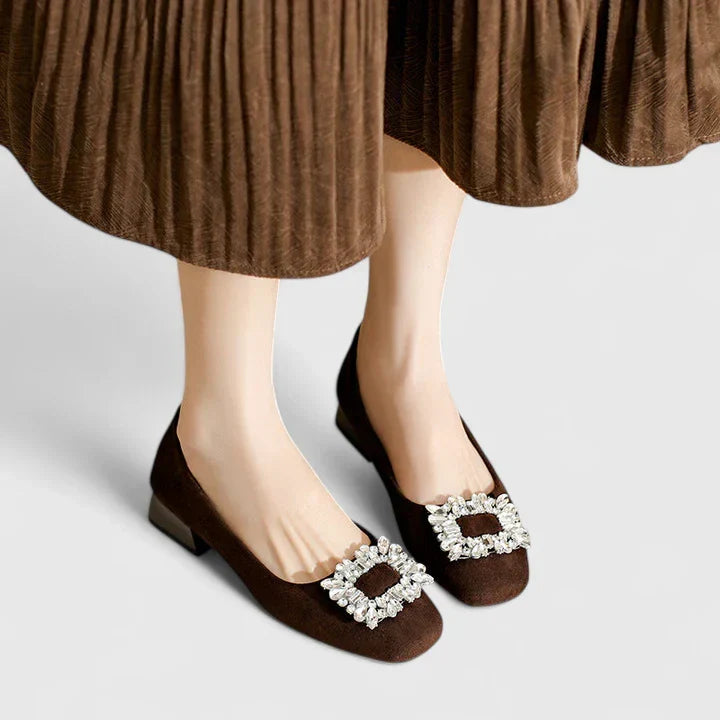 Elegant Ballet Flats for Women Crystal-Buckle Velvet Round-Toe