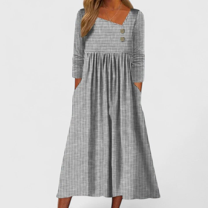 Elegant Midi Dress for Women Square-Neck Striped Long-Sleeve