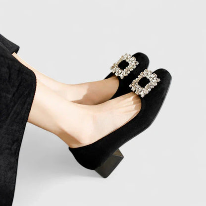 Elegant Ballet Flats for Women Crystal-Buckle Velvet Round-Toe