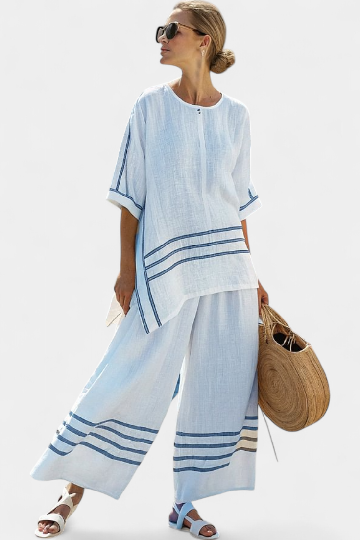 Stylish Two-Piece Set for Women Striped Asymmetrical Wide-Leg