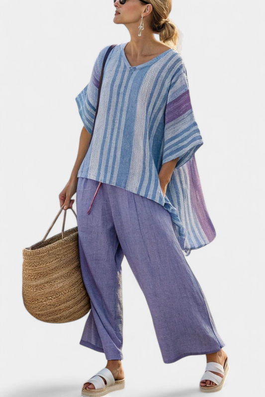 Elegant Two-Piece Set for Women Striped Oversized Wide-Leg
