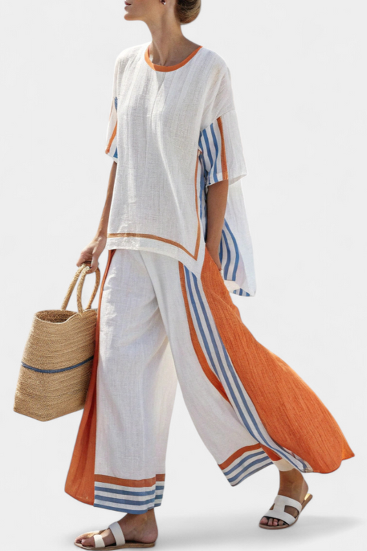 Comfortable Two-Piece Set for Women Striped Colorblock Wide-Leg