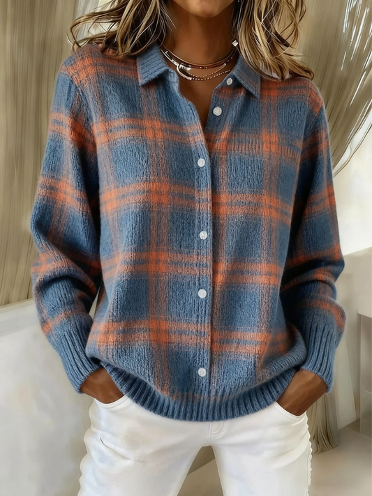 Elegant Blouse for Women Plaid Button-Front Long-Sleeve