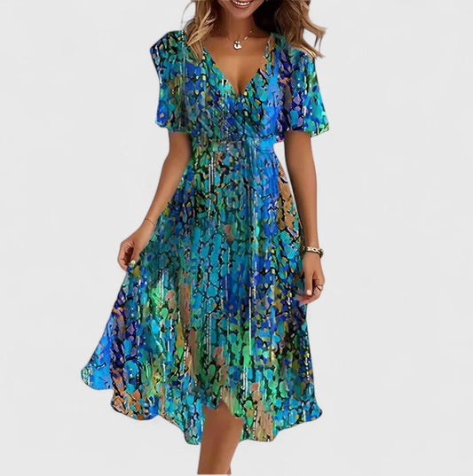 Elegant Fit-Flare Dress for Women Flutter-Sleeve Floral-Print