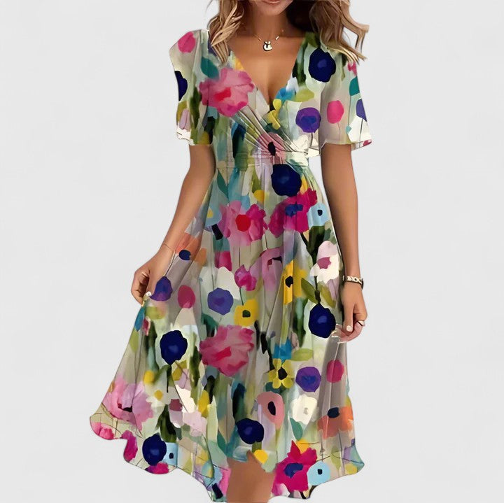 Elegant Fit-Flare Dress for Women Flutter-Sleeve Floral-Print