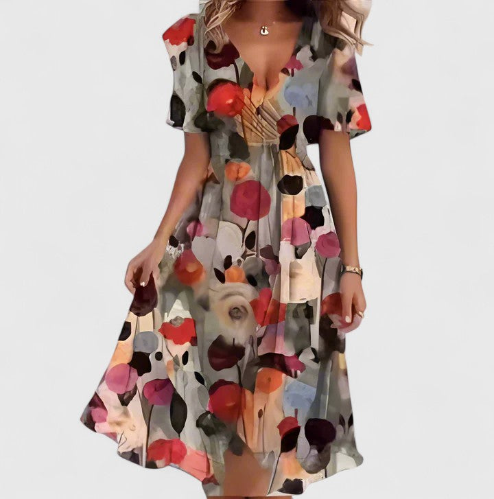 Elegant Fit-Flare Dress for Women Flutter-Sleeve Floral-Print