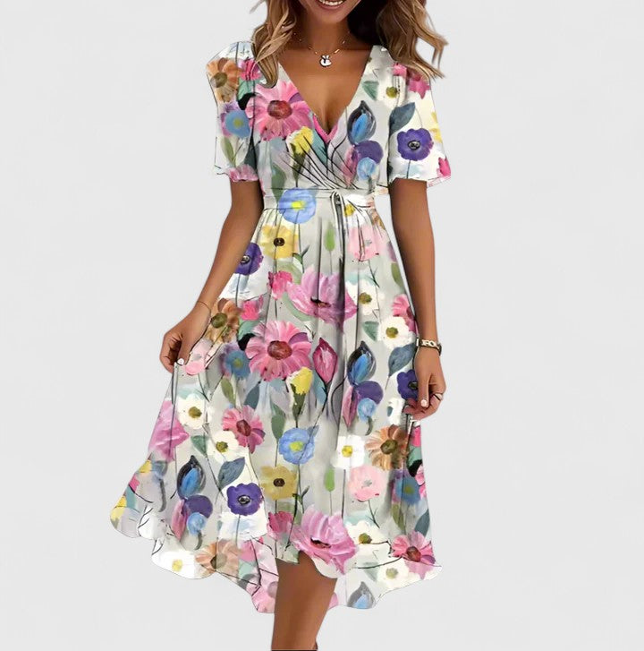Elegant Fit-Flare Dress for Women Flutter-Sleeve Floral-Print