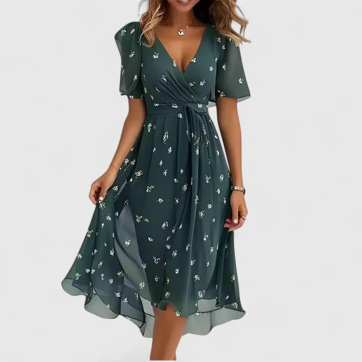 Elegant Fit-Flare Dress for Women Flutter-Sleeve Floral-Print