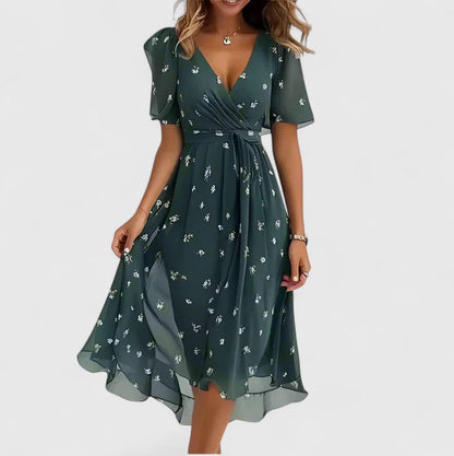 Elegant Fit-Flare Dress for Women Flutter-Sleeve Floral-Print