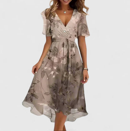 Elegant Fit-Flare Dress for Women Flutter-Sleeve Floral-Print