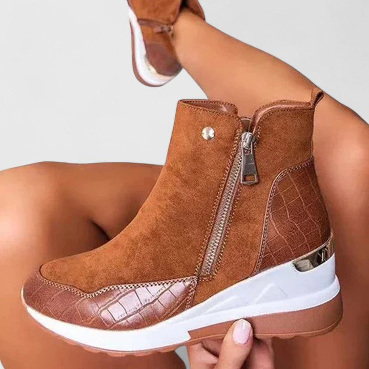 Comfortable Ankle Boots for Women Croc-Embossed Wedge Zip-Up
