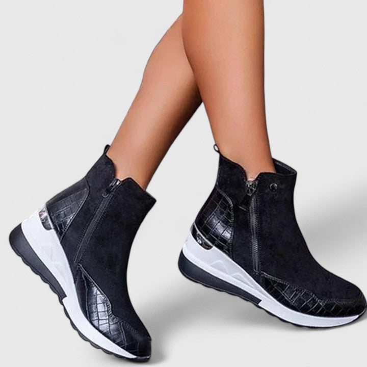 Comfortable Ankle Boots for Women Croc-Embossed Wedge Zip-Up