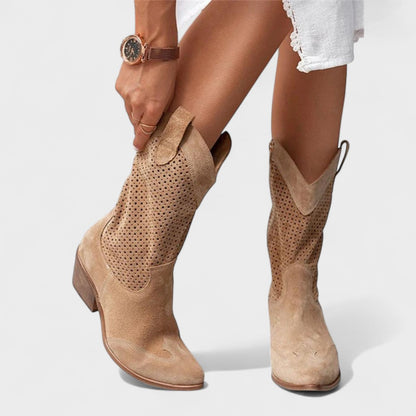 Comfortable Cowboy Boots for Women Suede Perforated