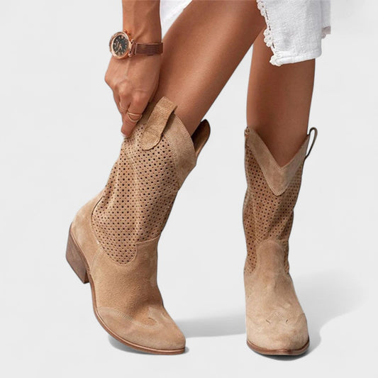 Comfortable Cowboy Boots for Women Suede Perforated