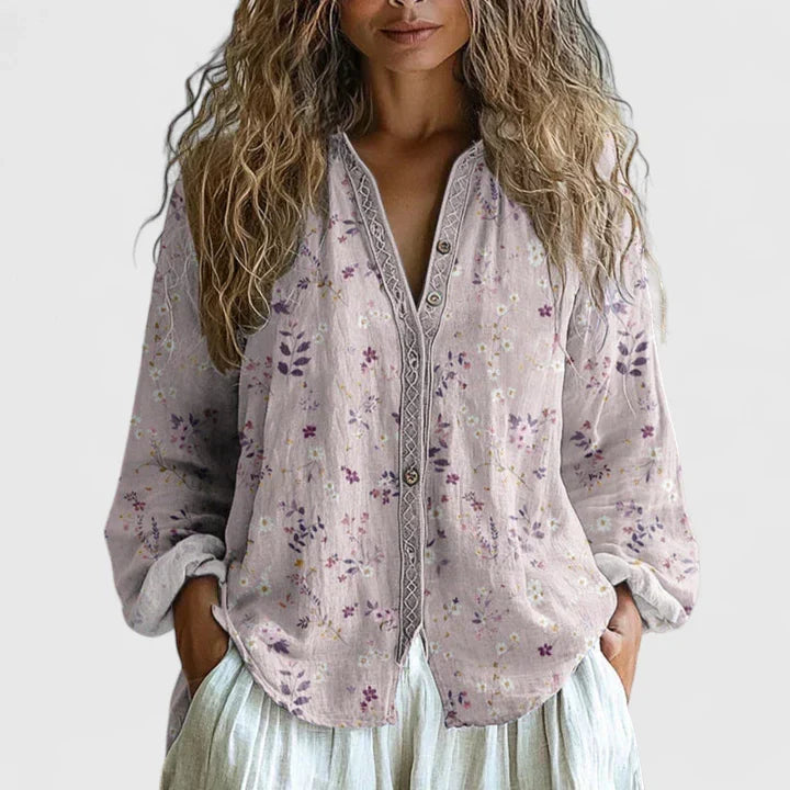 Elegant Blouse for Women Floral-Print Button-Front Long-Sleeve