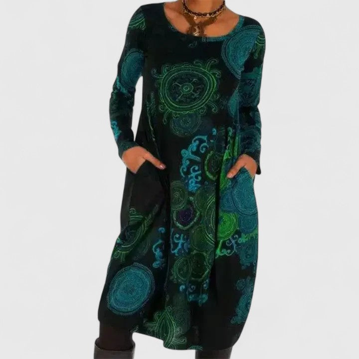 Elegant Midi Dress for Women Long-Sleeve Paisley-Print Pockets