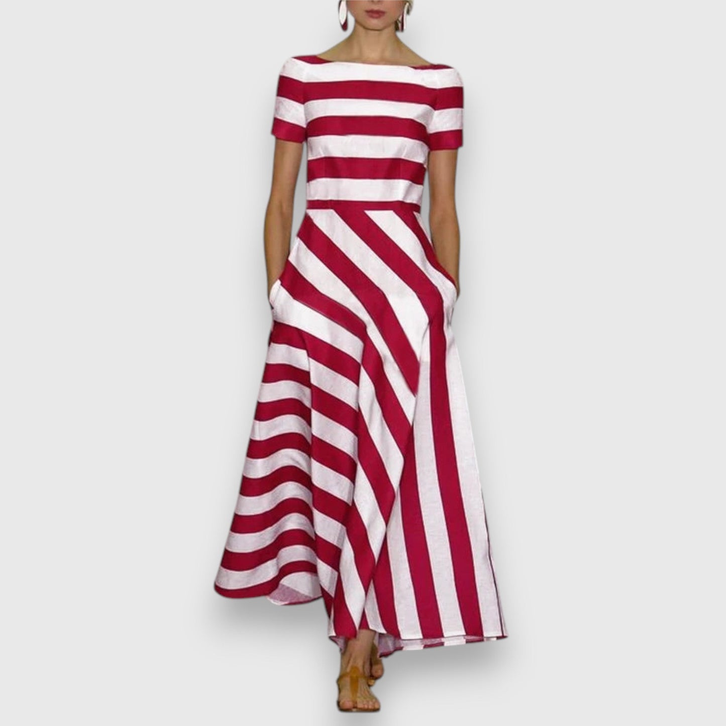 Elegant Striped Maxi Dress for Women Boat-Neck Short-Sleeve