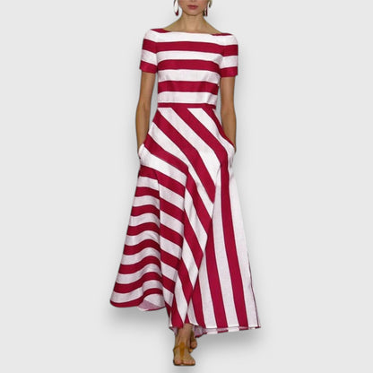 Elegant Striped Maxi Dress for Women Boat-Neck Short-Sleeve