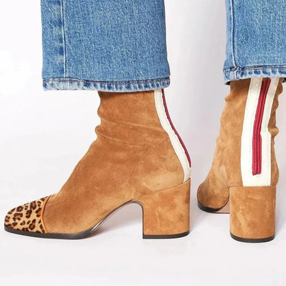 Stylish Ankle Boots for Women Suede Contrast-Stripe Block-Heel