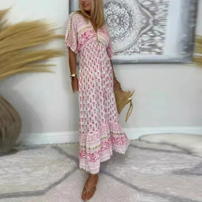 Effortless Printed Maxi Dress for Women Short-Sleeve Tassel-Trim