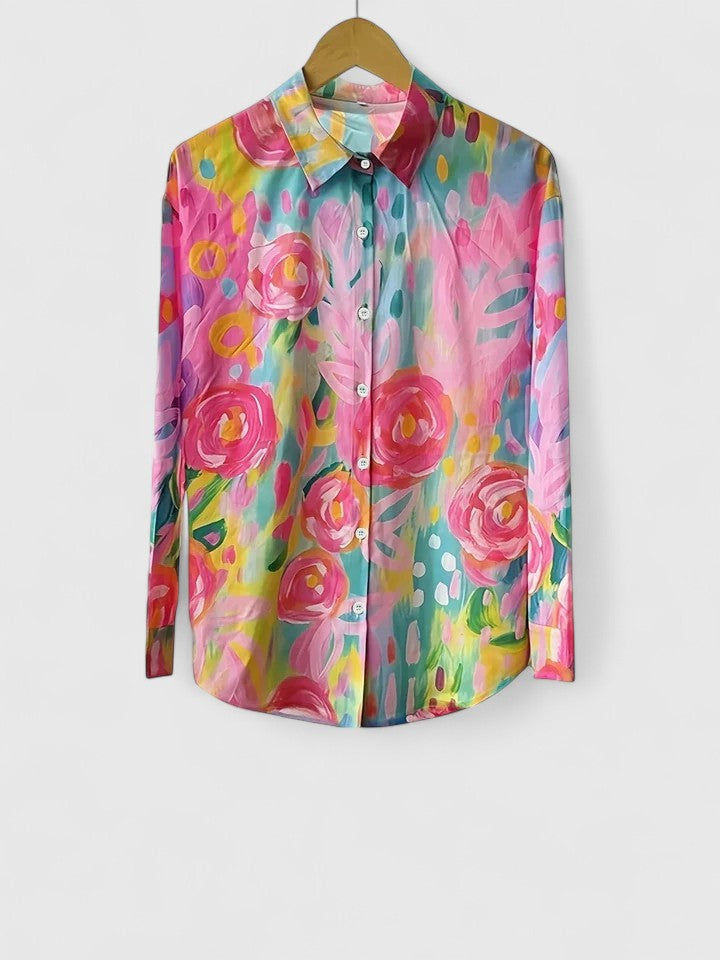Elegant Blouse for Women Floral-Print Button-Front Long-Sleeve