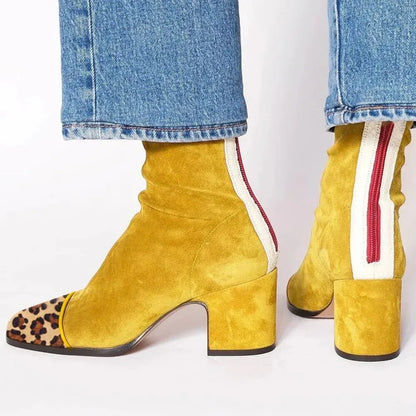 Stylish Ankle Boots for Women Suede Contrast-Stripe Block-Heel