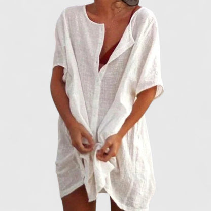 Effortless Tunic Dress for Women Linen Button-Front Knot-Tie