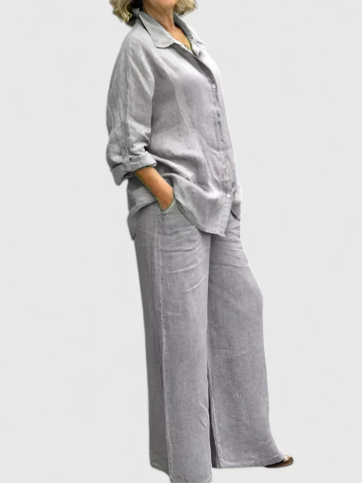 Elegant Two-Piece Set for Women Linen Wide-Leg Button-Front