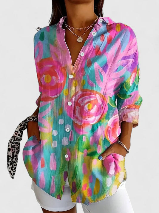 Elegant Blouse for Women Floral-Print Button-Front Long-Sleeve